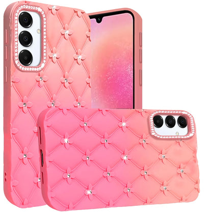 For Samsung Galaxy A26 Fashion Flower Design Sparkle Glitter Shimmer Rhinestone Bling Floral Accents, Leather Texture TPU Case Cover