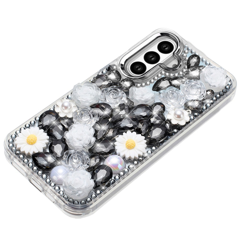 For Samsung Galaxy S26+ / S26 Plus Fashion Daisy Floral Series, Full 3D Bling Crystal Diamonds Sparkling Rhinestone Glitter Hybrid Design Case Cover