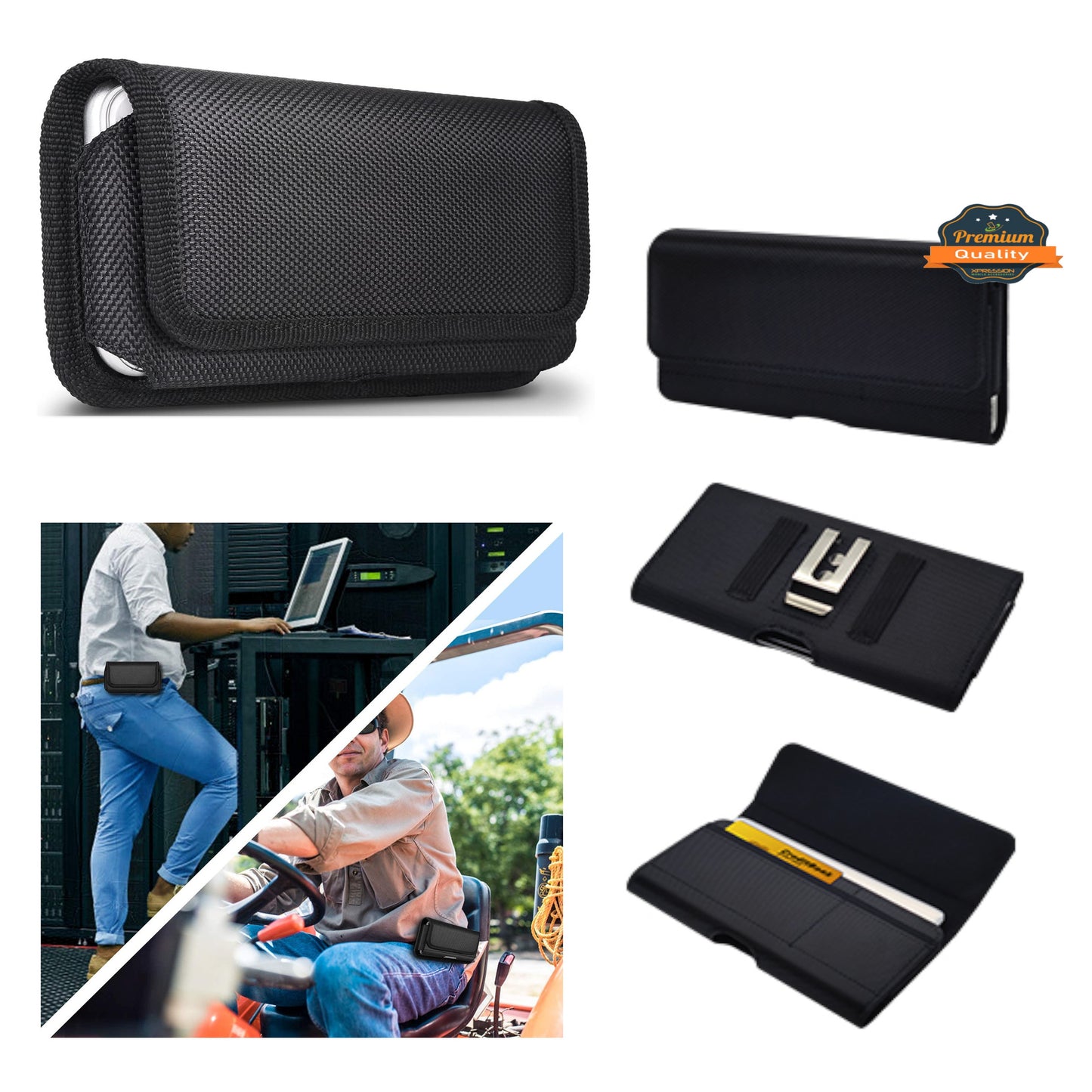 For Apple iPhone 16 (6.1") Universal Nylon Canvas Horizontal Pouch Holster with Wallet Credit Card Slots & Belt Loop Clip Carrying Phone (6.1") [Black]