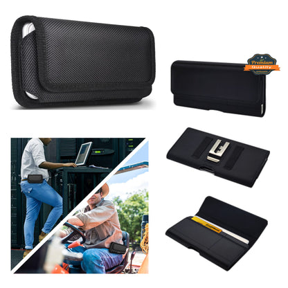 For Apple iPhone 16 Plus (6.7") Universal Nylon Canvas Horizontal Pouch Holster with Wallet Credit Card Slots & Belt Loop Clip Carrying Phone (6.7") [Black]