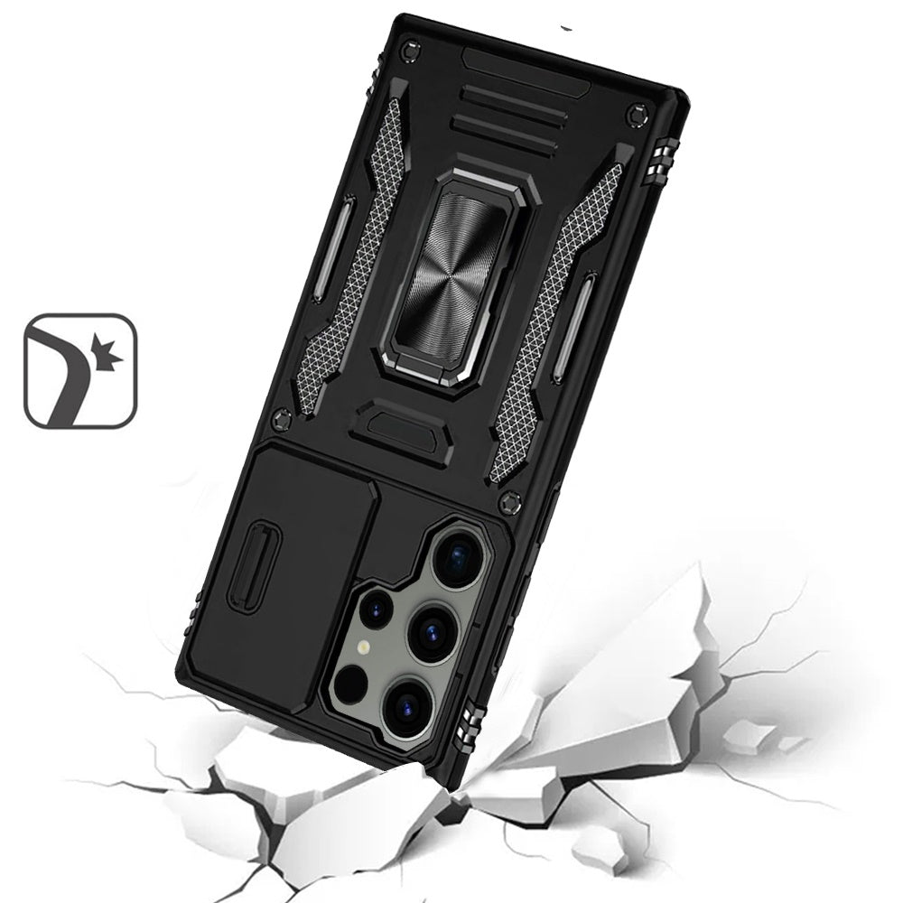 For Samsung Galaxy S25 Ultra Tough Hybrid Case with Movable Camera Window & Metal Ring Stand Shockproof Case Cover Cosmic Orange