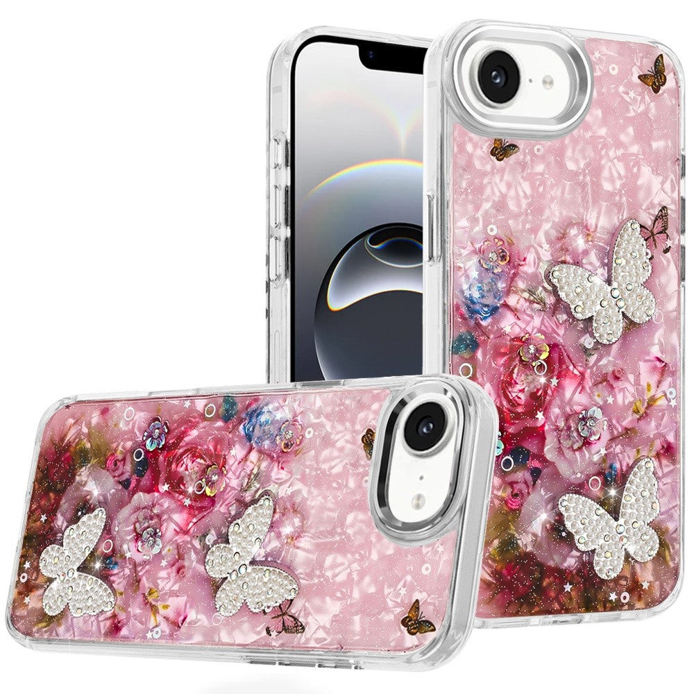For Apple iPhone 16e Epoxy Glitter Flowers Bling 3D Butterfly Fashion TPU Hybrid with Shockproof Protection Case Cover