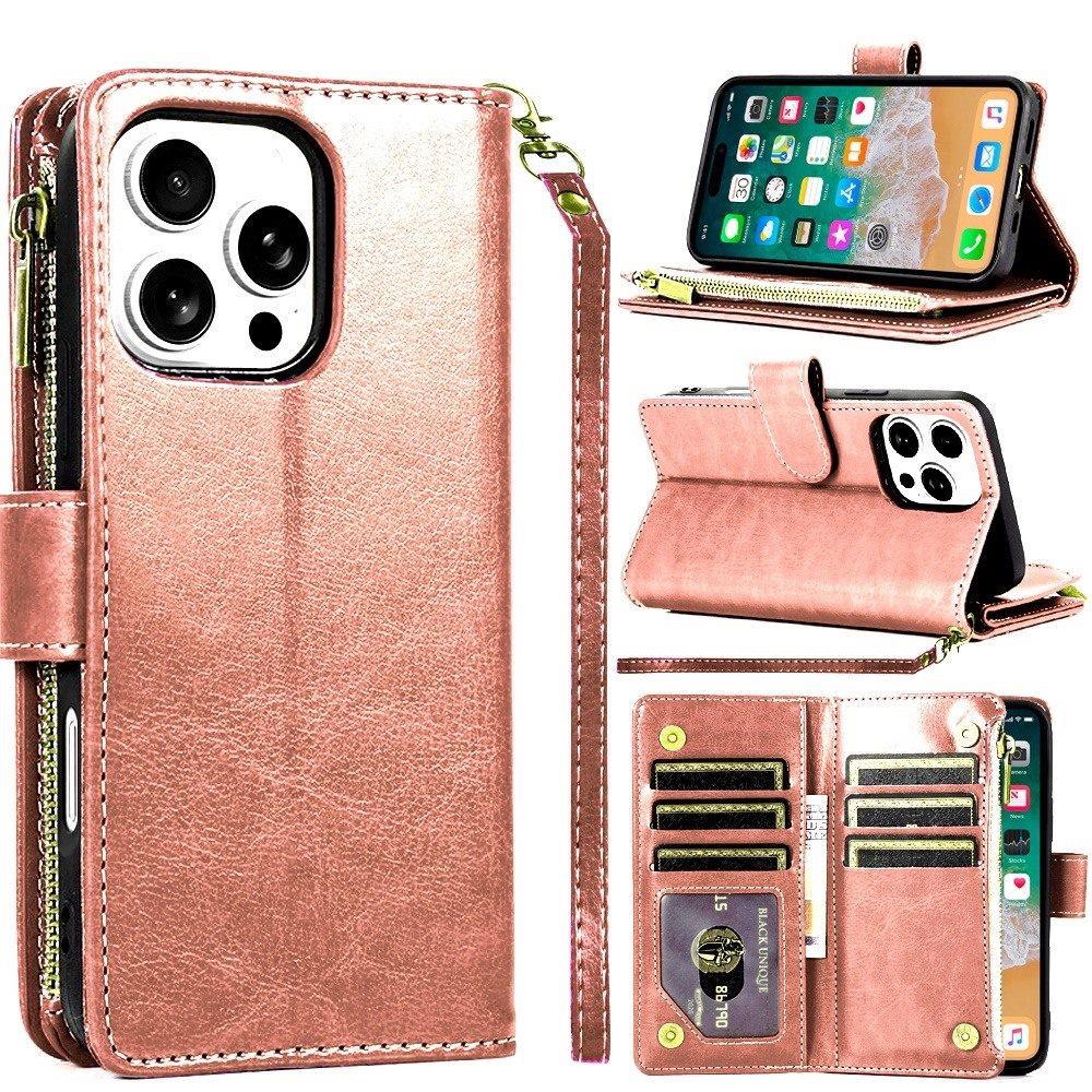 For Samsung Galaxy S25 Ultra Leather Wallet Case with Zipper, 9 Card Slots, Cash Pocket, Stand & Strap, Clutch Pouch Design Case Cover Rose Gold