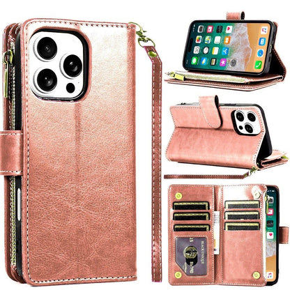For Samsung Galaxy S25 Ultra Leather Wallet Case with Zipper, 9 Card Slots, Cash Pocket, Stand & Strap, Clutch Pouch Design Case Cover Rose Gold