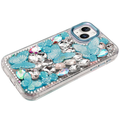 For Apple iPhone 14 /13 3D Diamond Floral Butterfly Bling Stone Hybrid, Sparkly Rhinestone Gemstone Back Shockproof Case Cover