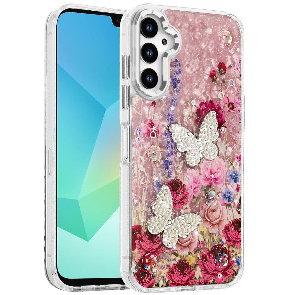For Samsung Galaxy A16 5G Epoxy Glitter Flowers Bling 3D Butterfly Fashion TPU Hybrid with Shockproof Protection Case Cover