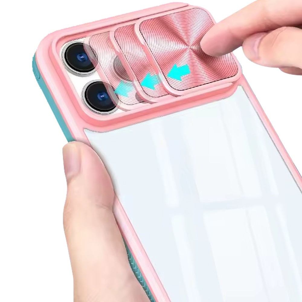 For Apple iPhone 16 Pro Hybrid Cases with Sliding Camera Cover Transparent Shockproof Bumper TPU Protective Case Cover Pink/Blue