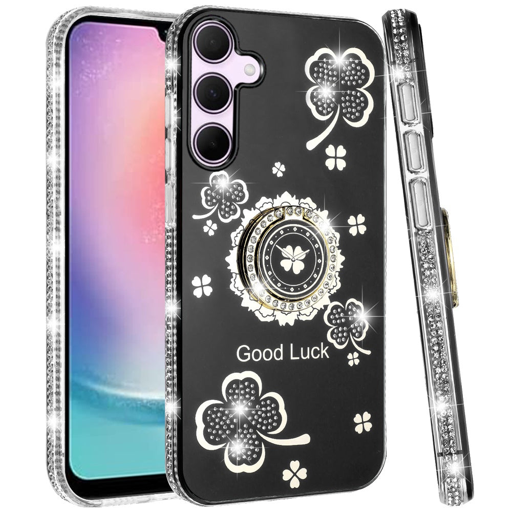 For Samsung Galaxy A26 Diamonds Bling All Around Edges Sparkly Glitter Hybrid with Ring Stand Holder Fashion Good Luck Case Cover