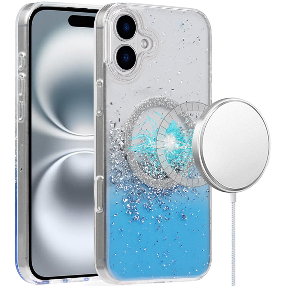 For Apple iPhone 16 (6.1") Transparent Epoxy Glitter Magnetic Circle Compatible with MagSafe Hybrid Bling Sparkle Hard PC Slim TPU Case Cover