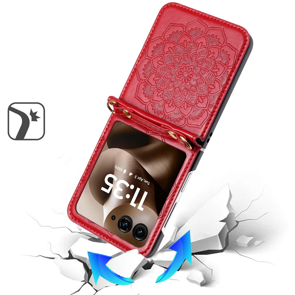 For Samsung Galaxy Z Flip 7 FE Embossed Floral PU Leather Henna Mandala Design Flip Cover with Strap, Hybrid Protective Case Cover Red