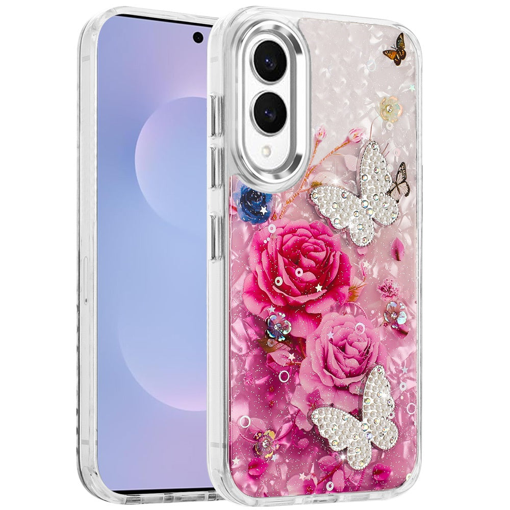 For Samsung Galaxy S25 EDGE Epoxy Glitter Flowers Bling 3D Butterfly Fashion TPU Hybrid with Shockproof Protection Case Cover