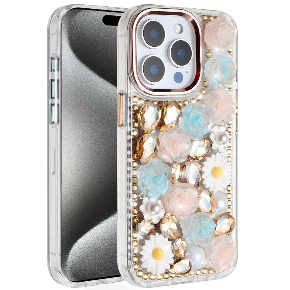 For Apple iPhone 15 Pro Max Fashion Daisy Floral Series, Full 3D Bling Crystal Diamonds Sparkling Rhinestone Glitter Hybrid Design Case Cover Black