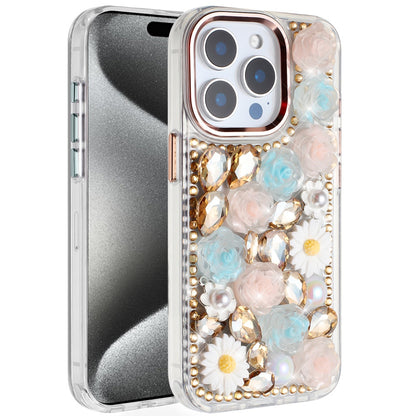 For Apple iPhone 15 Pro Max Fashion Daisy Floral Series, Full 3D Bling Crystal Diamonds Sparkling Rhinestone Glitter Hybrid Design Case Cover Black