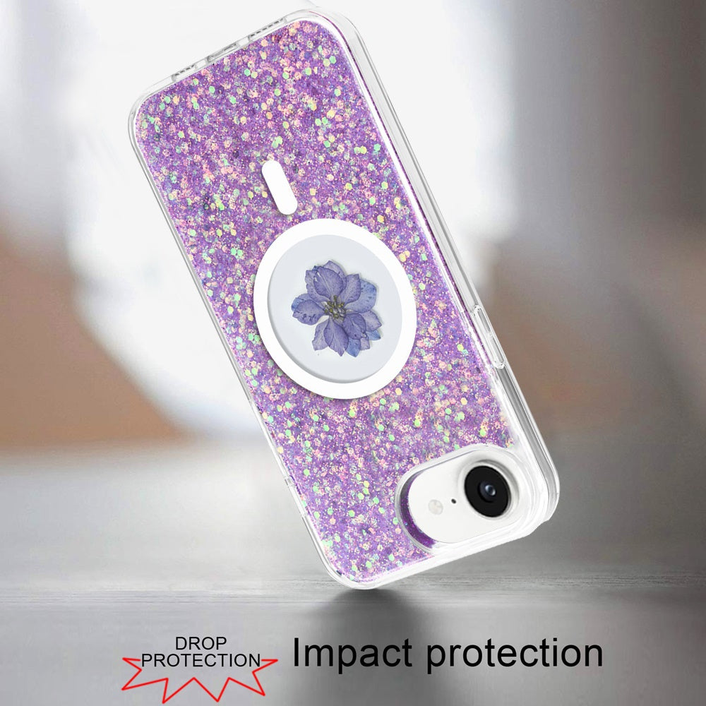 For Apple iPhone 17E /16E MagSafe Compatible Glitter Flower Epoxy Hybrid Slim TPU Case, Magnetic Circle Design, Sparkly Bling Protective Case Cover