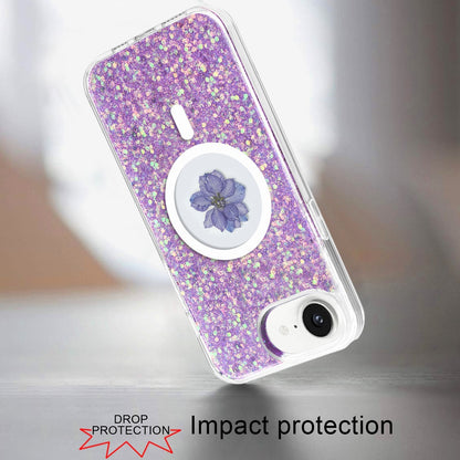 For Apple iPhone 17E /16E MagSafe Compatible Glitter Flower Epoxy Hybrid Slim TPU Case, Magnetic Circle Design, Sparkly Bling Protective Case Cover