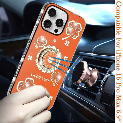 For iPhone 16 Pro Max (6.9") Diamonds Bling All Around Edges Sparkly Glitter Hybrid with Ring Stand Holder Fashion Good Luck Case Cover Cosmic Orange
