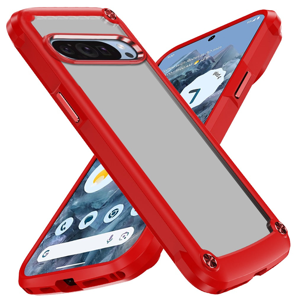 For Google Pixel 9 Pro XL Hybrid Transparent Rubber with Metal Buttons & Camera Edges Hard TPU Corner Frame Bumper Case Cover