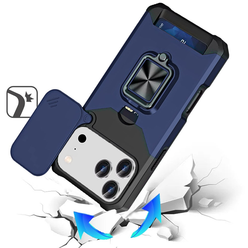 For Apple iPhone 17 Pro Max (6.9") Wallet Case with Ring Stand & Slide Camera Cover Back Credit Card Slot Holder, Military Grade Case Cover