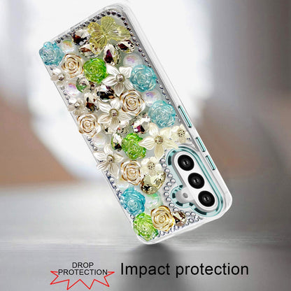 For Samsung Galaxy S25 FE, S25 Fan Edition 3D Diamond Floral Roses Flower Bling Stone Hybrid, Sparkly Rhinestone Gemstone Back Shockproof Case Cover Green