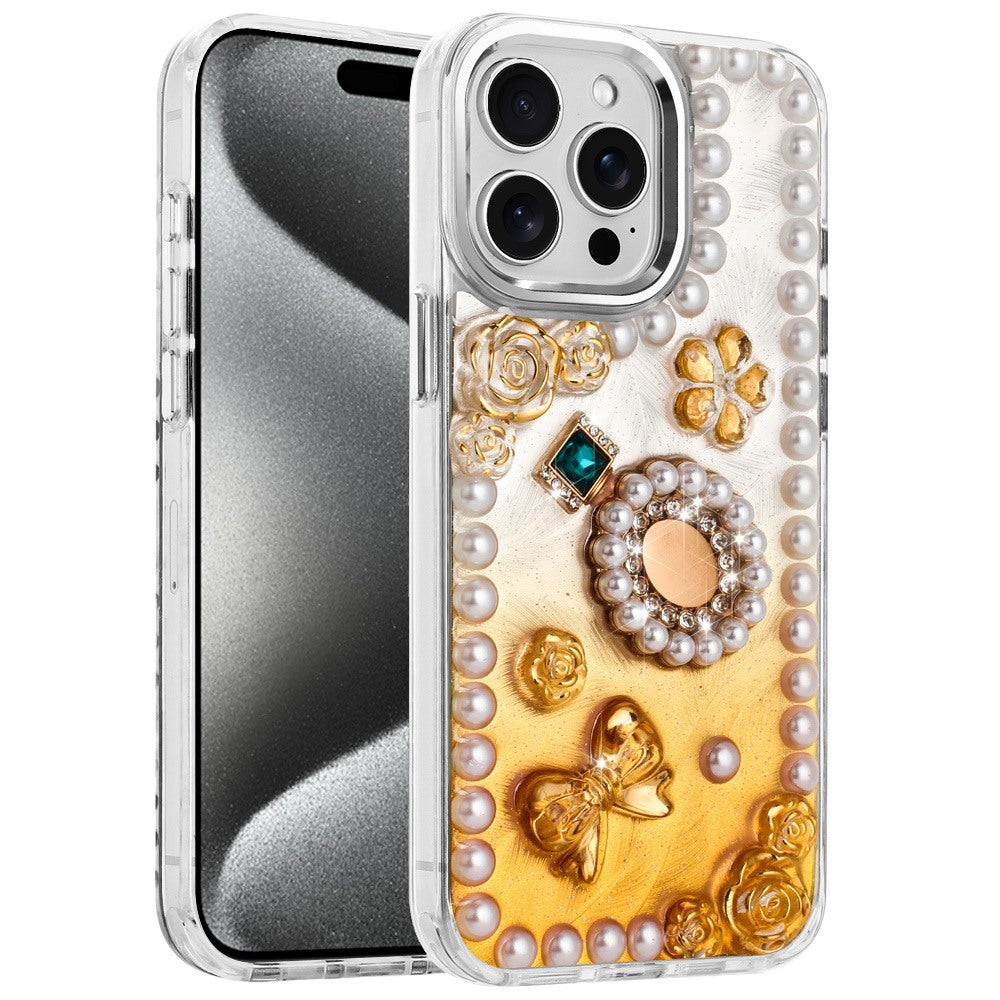 For Apple iPhone 15 Pro Max Bling Fashion Design with 3D Pearls Epoxy Glitter Ornaments Chrome Edge Hard Slim PC Case Cover