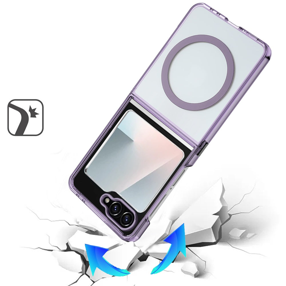 For Samsung Galaxy Z Flip 7 FE / Z Flip 6 Transparent Back Hybrid Case - Magnetic Circle, Color Frame, Metal Buttons, MagSafe Compatible Case Cover