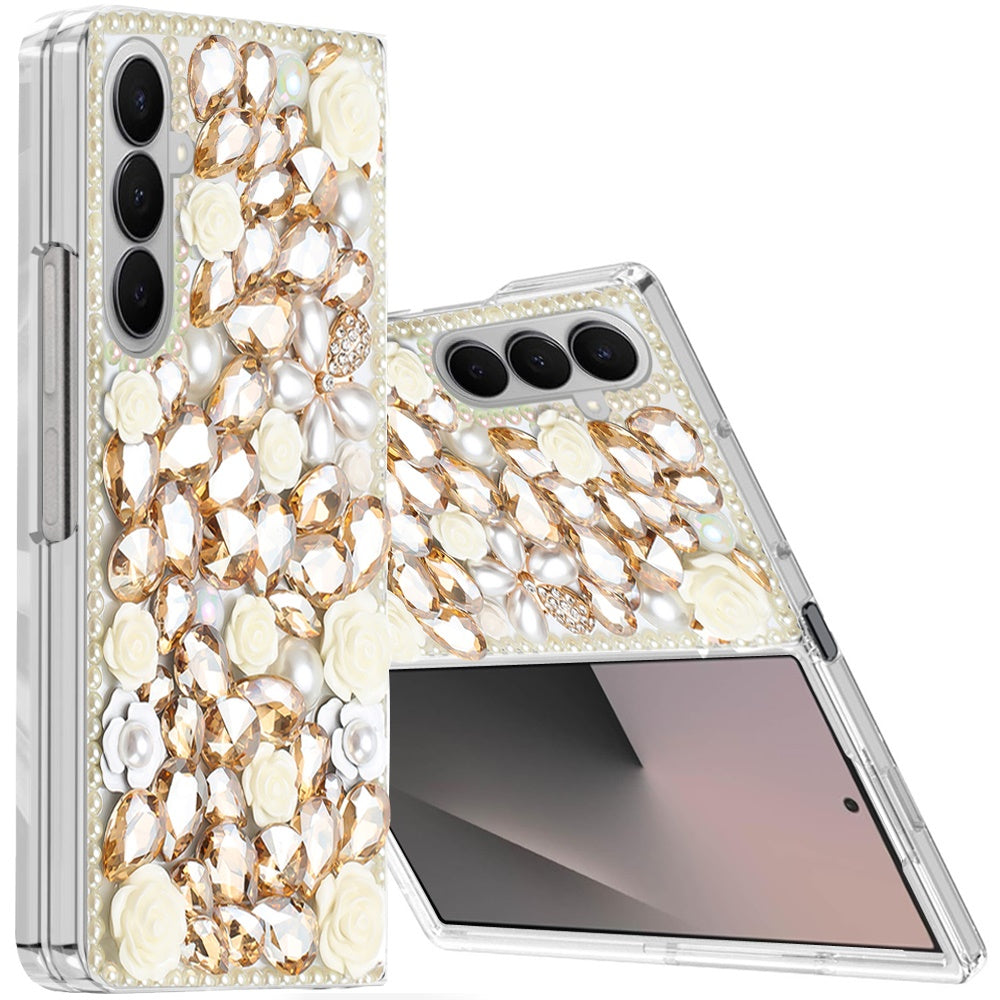 For Samsung Galaxy Z Fold 7 Fashion Rose Flower Floral Bling Crystal 3D Full Diamonds Pearl Sparkle Rhinestone Glitter Hybrid Case Cover