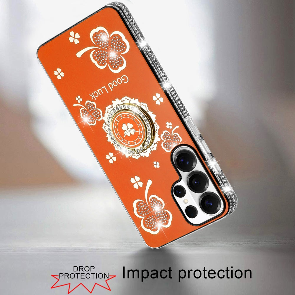 For Samsung Galaxy S25 Ultra Diamonds Bling All Around Edges Sparkly Glitter Hybrid with Ring Stand Holder Fashion Good Luck Case Cover Cosmic Orange
