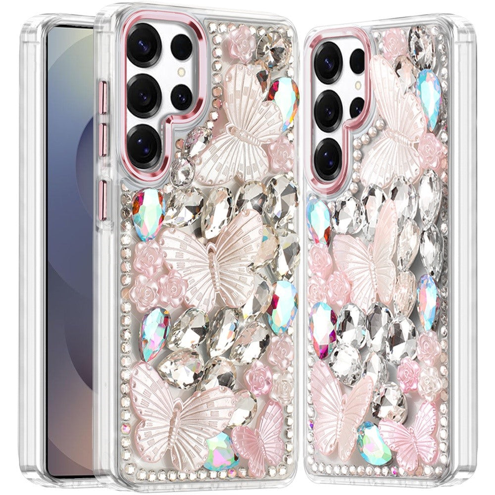 For Samsung Galaxy S24 Ultra 3D Diamond Floral Butterfly Bling Stone Hybrid, Sparkly Rhinestone Gemstone Back Shockproof Case Cover