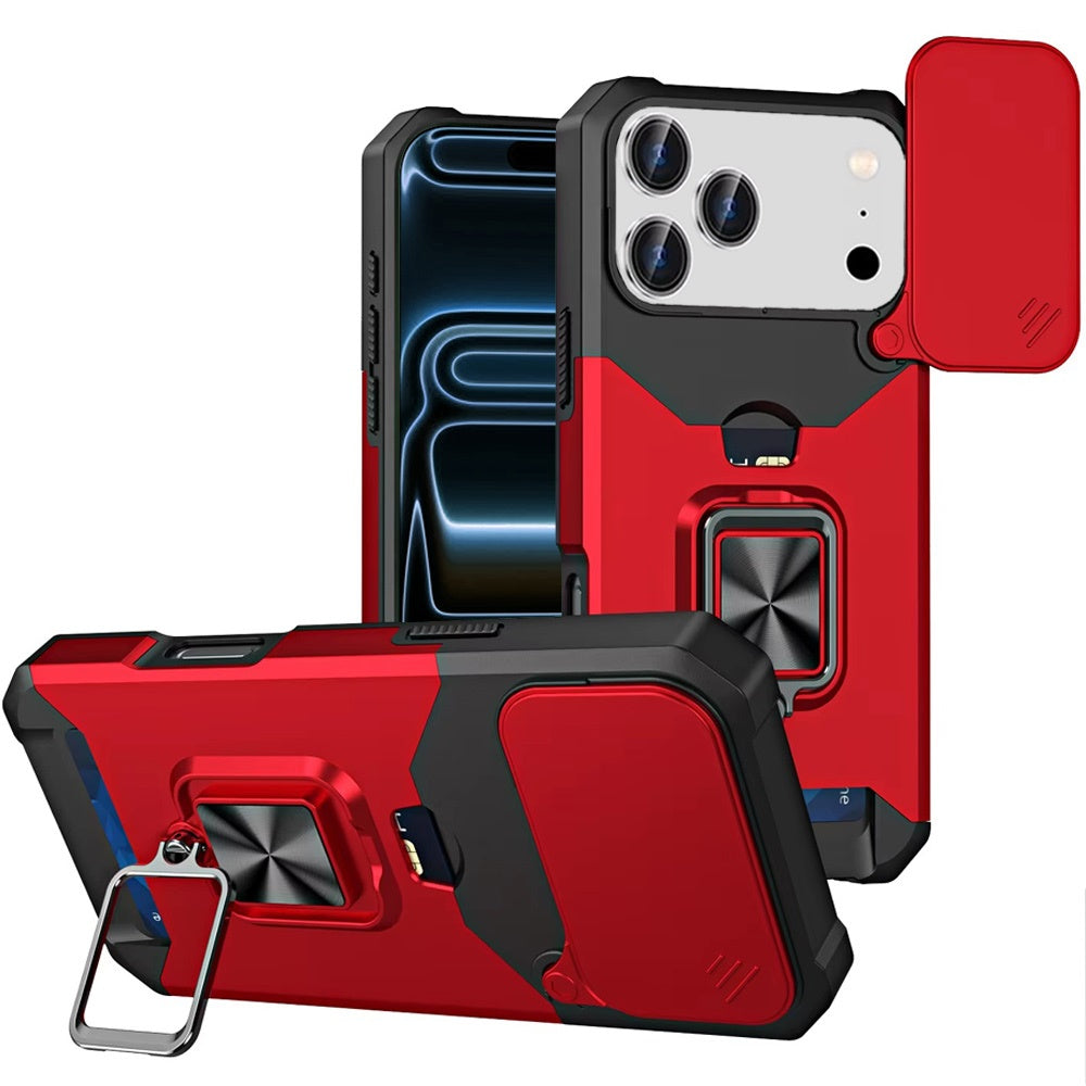 For Apple iPhone 17 Pro Max (6.9") Wallet Case with Ring Stand & Slide Camera Cover Back Credit Card Slot Holder, Military Grade Case Cover
