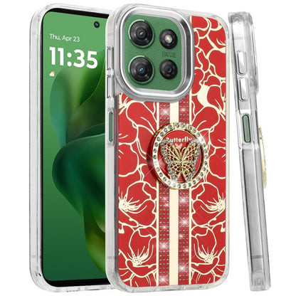 For Motorola Moto G Power 5G 2025 Diamonds 3D Butterfly Floral Design Bling Sparkly Glitter Hybrid Metal Fashion with Ring Stand Case Cover