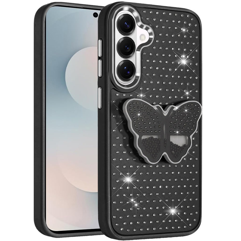 For Samsung Galaxy S26 Butterfly Moveable Grip 3D Pop Stand Full Diamond Bling Sparkling TPU Fashion Hybrid Case Cover