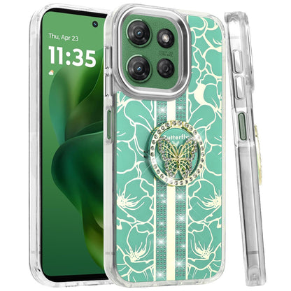 For Motorola Moto G Power 5G 2025 Diamonds 3D Butterfly Floral Design Bling Sparkly Glitter Hybrid Metal Fashion with Ring Stand Case Cover