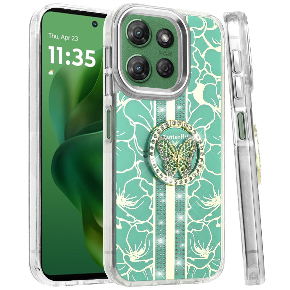 For Motorola Edge 2025 Diamonds 3D Butterfly Floral Design Bling Sparkly Glitter Hybrid Metal Fashion with Ring Stand Case Cover