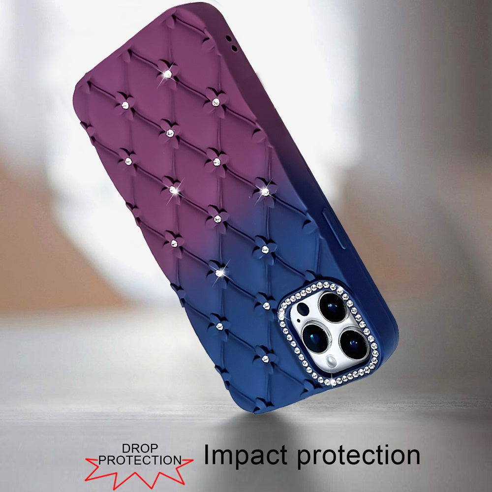 For Apple iPhone 11 Pro Max Fashion Flower Design Sparkle Glitter Shimmer Rhinestone Bling Floral Accents, Leather Texture TPU Case Cover Dark Blue/Burgundy