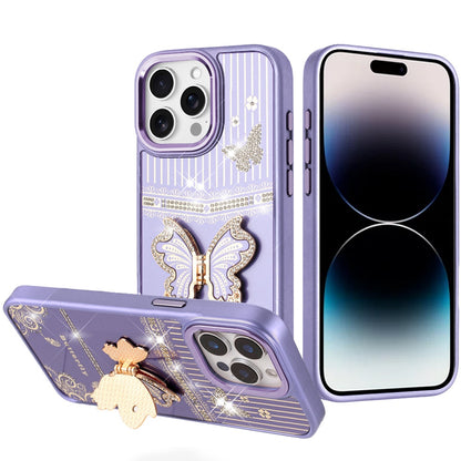 For Apple iPhone 17E /16E Glitter 3D Butterfly Design Bling Metallic Edge Hybrid Stand Drop Protection TPU Shockproof Case Cover Dark Purple