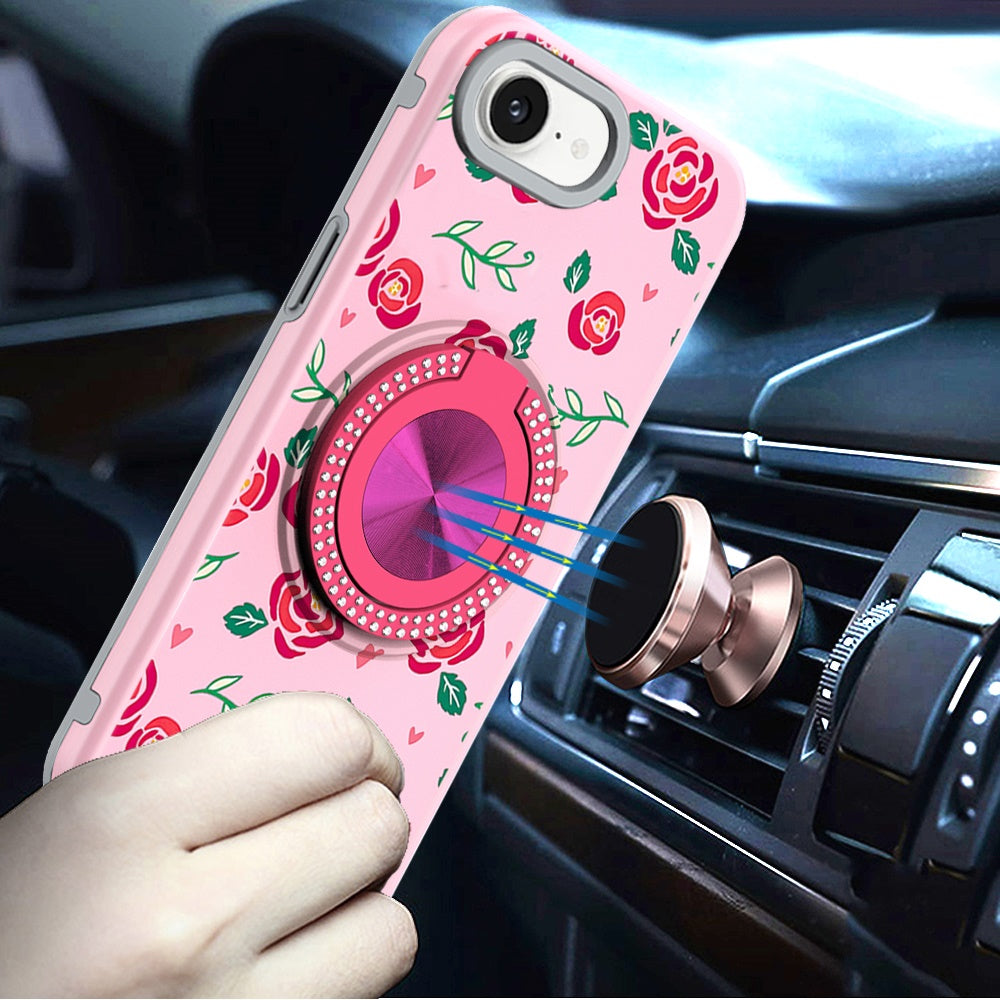 For Apple iPhone 16e Pattern Design Hybrid with Invisible Ring Stand & Magnetic Back, Shockproof Protective Grip Case Cover Red Roses
