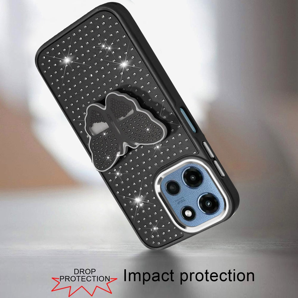 Phone Case for Motorola Moto G Play 5G 2026 Butterfly Grip Pop Stand Diamond Sparkle Hybrid Shockproof Metal Button Slim Protective Grip Decorative Design Cover Black