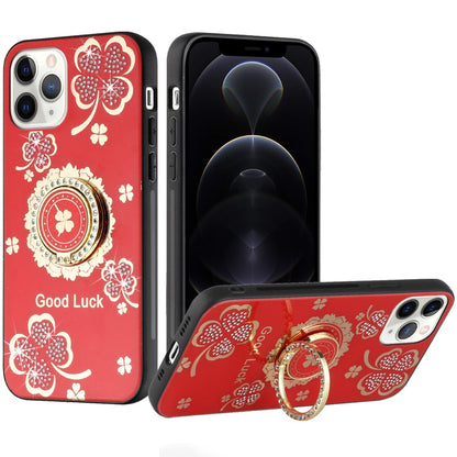 For Apple iPhone 12 Pro Max Diamonds 3D Bling Sparkly Glitter Ornaments Engraving Hybrid Metal Fashion Case Cover Red Good Luck Floral