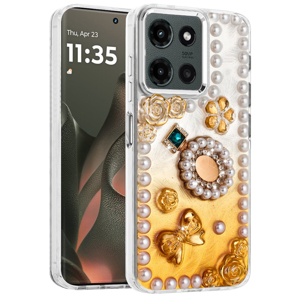 For Motorola Edge 2025 Bling Fashion Design with 3D Pearls Epoxy Glitter Ornaments Chrome Edge Hard Slim PC Case Cover