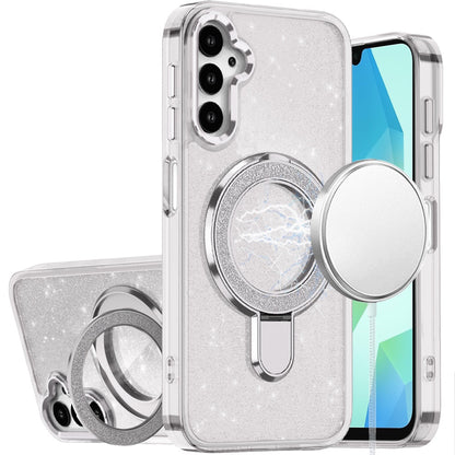 For Apple iPhone 16 Pro Max Transparent Glitter Bling Case with Rotating Magnetic Ring Stand, Shockproof Hybrid Case Cover Clear