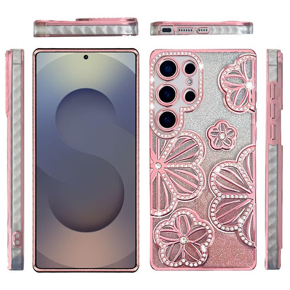 For Samsung Galaxy S25 Ultra Luxury Flower Design Sparkle Glitter Diamond Rhinestone Shimmer Bling Plating Thick TPU Hard PC Case Cover