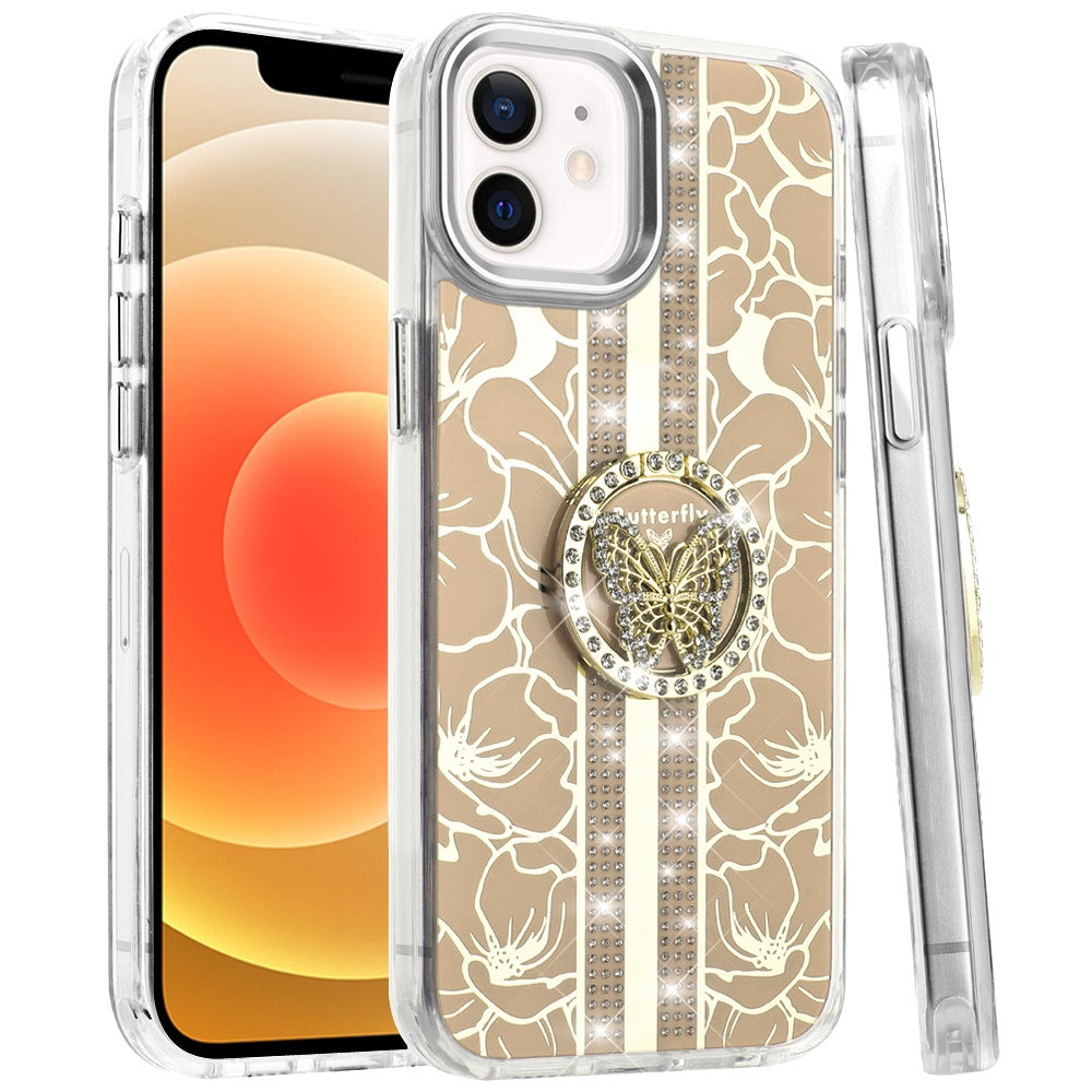 For Apple iPhone 14 /13 Diamonds 3D Butterfly Floral Design Bling Sparkly Glitter Hybrid Metal Fashion with Ring Stand Case Cover