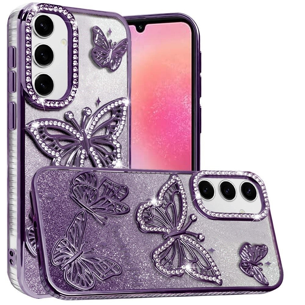 For Samsung Galaxy A16 Luxury Butterfly Sparkle Glitter Diamond Crystal Rhinestone Shimmer Bling Plating Thick TPU Hard PC Case Cover