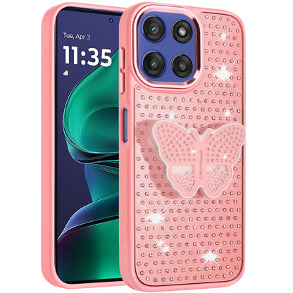 For Motorola Moto G Stylus 5G 2026 /2025 Butterfly Moveable Grip 3D Pop Stand Full Diamond Bling Sparkling TPU Fashion Hybrid Case Cover Pink