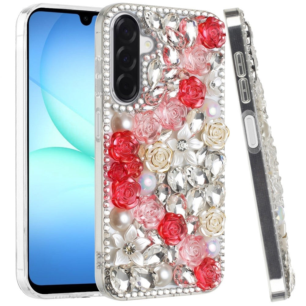For Samsung Galaxy S25 Fan Edition /Galaxy S25 FE Fashion Rose Flower Floral Bling Crystal 3D Full Diamonds Pearl Sparkle Rhinestone Glitter Hybrid Case Cover