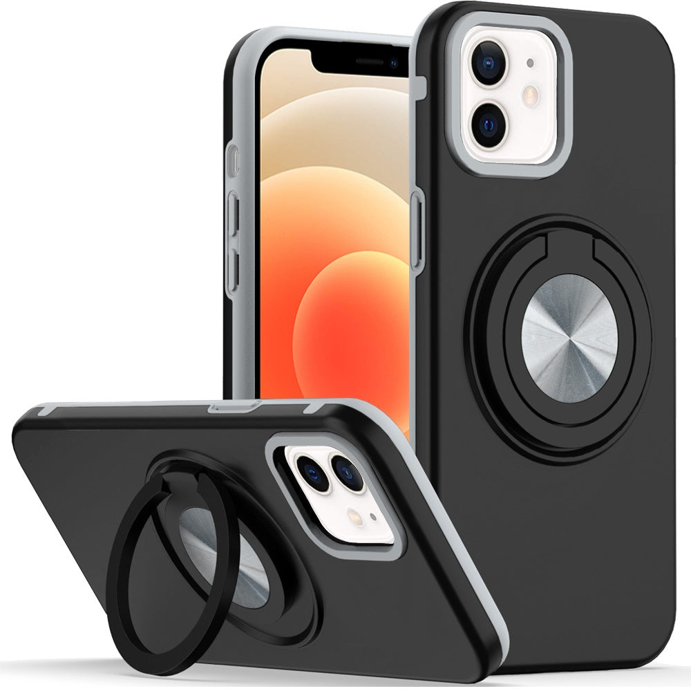 For iPhone 12 / iPhone 12 Pro (6.1") Metal Matte Hybrid with Invisible Rotational Ring Stand, Car Mount Friendly, Military Grade Slim Fit Sturdy Case Cover Cosmic Orange