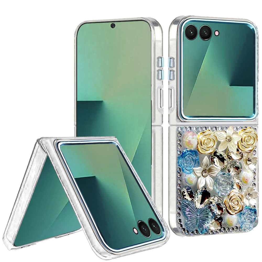 For Samsung Galaxy Z Flip 7 3D Diamond Floral Roses Flower Bling Stone Hybrid, Sparkly Rhinestone Gemstone Back Shockproof Case Cover