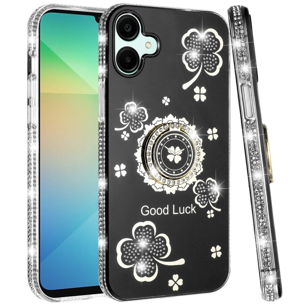 For Samsung Galaxy A06 Diamonds Bling All Around Edges Sparkly Glitter Hybrid with Ring Stand Holder Fashion Good Luck Case Cover