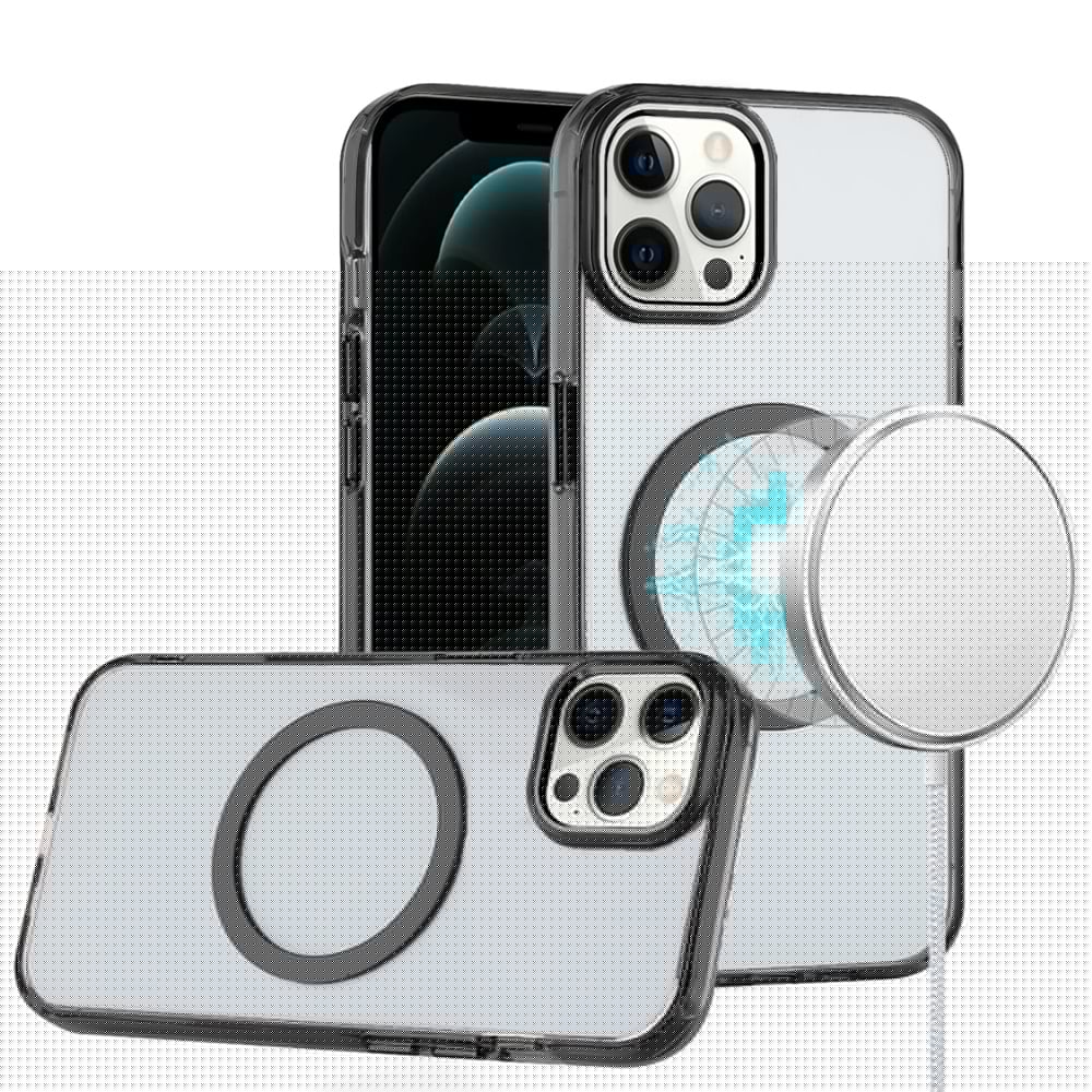 For Apple iPhone 12 Pro Max Transparent Back Hybrid Case - Magnetic Circle, Color Frame, Metal Buttons, MagSafe Compatible Case Cover