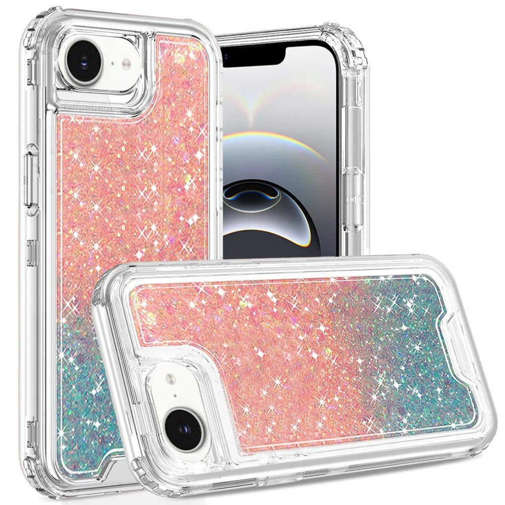 For Apple iPhone 17E /16E Epoxy Bling Glitter Sparkly 3-in-1 Transparent Hybrid Full-Body Shockproof PC Bumper Case Cover Pink + Blue